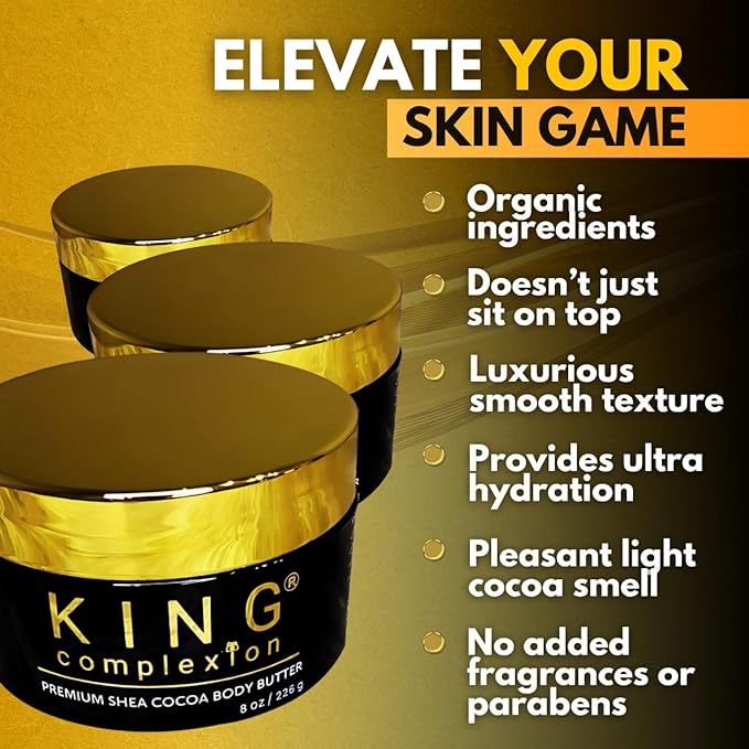 King Complexion Shea Cocoa Premium Body Butter - Large 8 oz - Coconut Oil - Black Skincare - Body Moisturizer - Ultra Hydration - Massage Butter - Light Cocoa Smell - Gives Skin It's Natural Glow