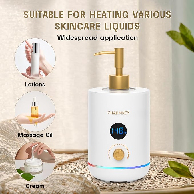 CHARMKEY Massage Oil Warmer White, 2 Oil Bottle Dispensers & 2 Silicone Funnels, Digital Heater for SPA, Oil Lotion Cream for Salon, Barber Shops, Home, Automatic Lotion Warmer