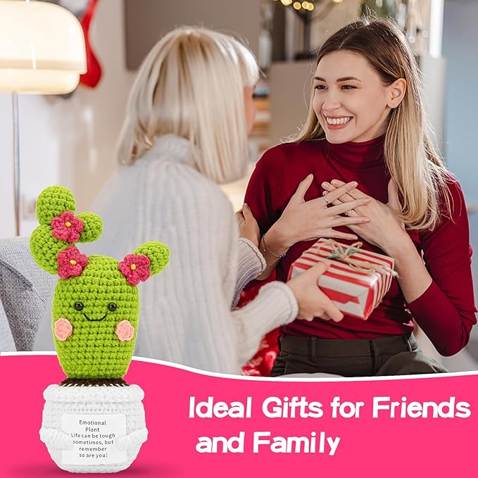 Hoedia Handmade Emotional Pickle Gift, Emotional Cucumber Crochet Doll Inspirational Gifts with Cards, Cute Knitted Funny Support Pickle Potato Friend Birthday (Blossom Cactus)