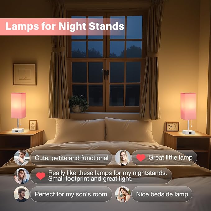 Fenmzee Pink Bedside Table Lamps for Bedroom - Small Nightstand Lamp Set of 2 with AC Outlet Charging Port, Cute Desk Lamp for Teens Room Decor, Dorm Room Essentials