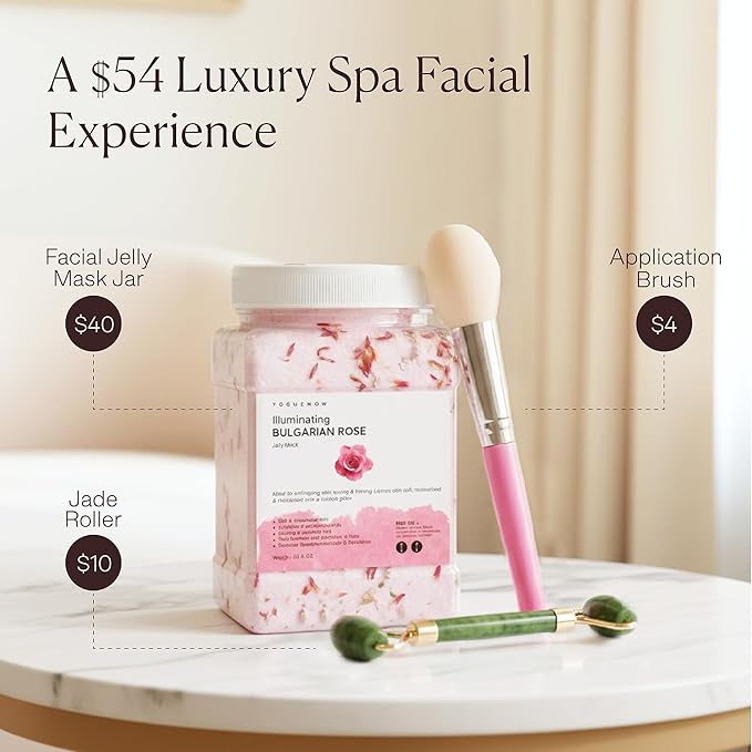 Jelly Face Mask for Facials - Bulgarian Rose Hydrating, Brightening & Nourishing Jelly Mask with Free Jade Roller & Spatula | Professional Hydrojelly Masks | Vajacial Jelly Mask Powder | 23 Oz Jar