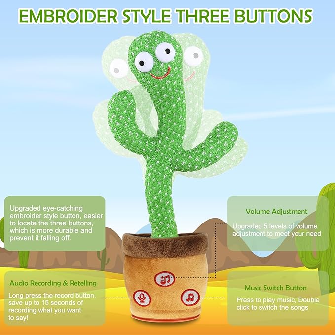 Dancing Cactus Talking Baby Toys, Talking Cactus Mimicking Toys Repeating What You Say Singing Recording with Volume Adjustable & 120 English Songs Plush Toy Birthday Gifts for Kids Boys Girls