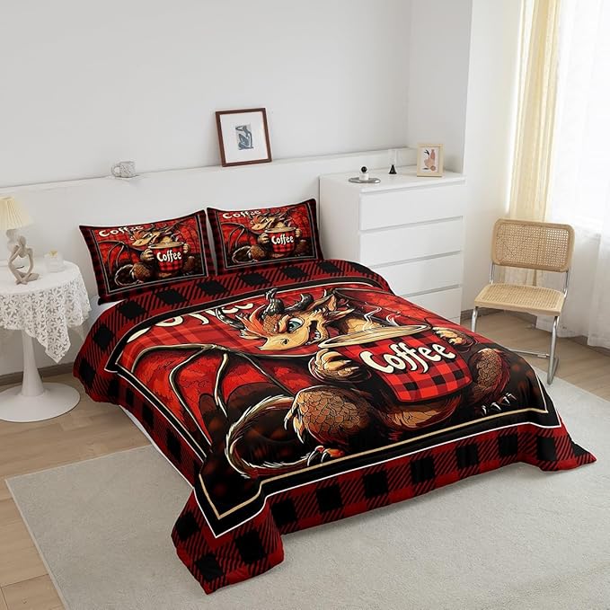 Feelyou Dragon Comforter Set King Size Dragon Stuff Comforter for Boys Girls Teens Coffee Bedding Set Dragon Decor Duvet Set Room Decor Red Brown Quilt Set