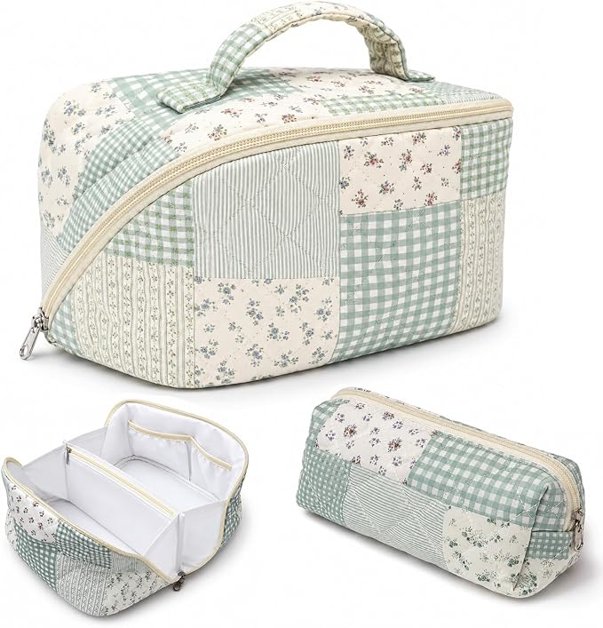 Travel Makeup Bag for Women,Large Capacity Quilted Cosmetic bag， 2PCS Make up Bag Set Open Flat Toiletry Bag for Skincare, Brushes & Travel Essentials (Blue1)