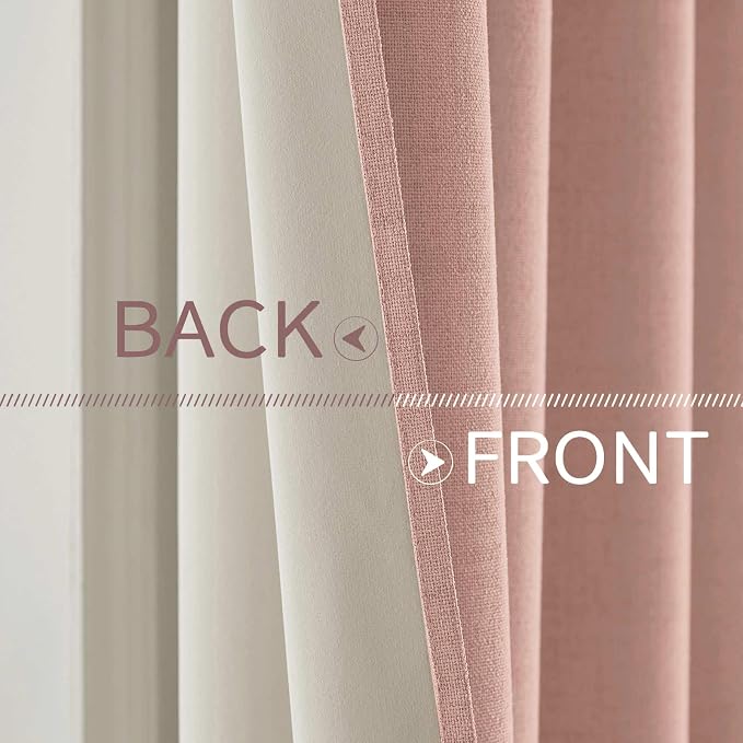 MIULEE 100% Blackout Linen Curtains for Bedroom Thermal Insulated Blush Pink Grommet Room Darkening Curtains & Drapes for Living Room 52 x 108 Inch (2 Panels)