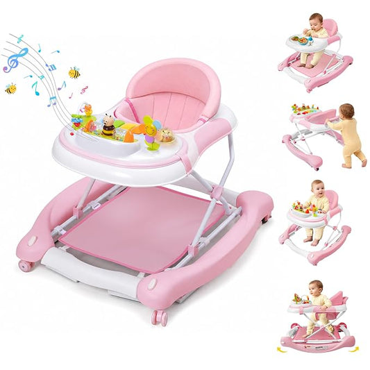 5 in 1 Baby Walker, Music and Lights Walker for Baby Boy Girls 6-12 Months, Foldable Baby Walkers with Wheels and Bouncer Combo Portable, Toddler Infant Walker with Adjustable Height