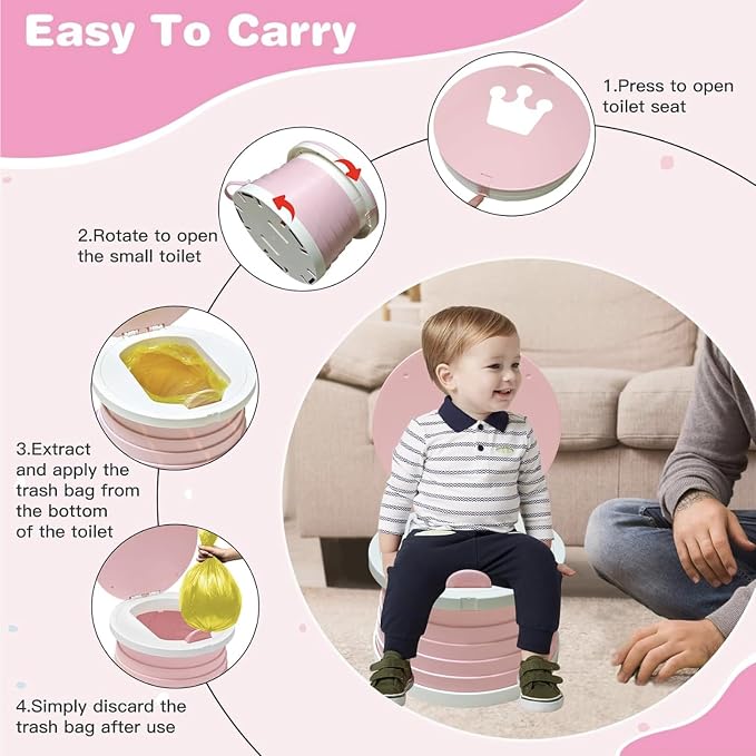 Portable Travel Potty for Toddler – Foldable Emergency Toilet for Car, Camping & Outdoor – Small Pink Potty Seat for Road Trips, Hiking & Indoor Use（Pink）