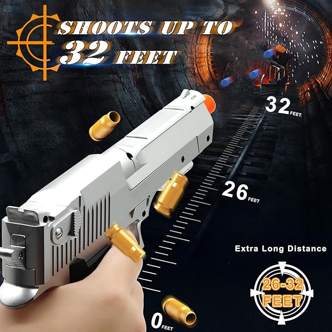 Toy Pistol Guns Toys for 8 9 10 11 12 13+ Year Old Boys Kids, Sports & Outdoor Play Toys Gun with Soft Bullet & Shell Ejecting, Silver Fidget Toy Guns for Boys 8-12, Kids Gifts for Birthday