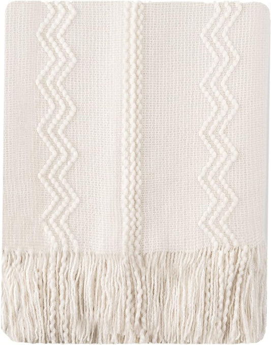 BATTILO HOME Cream Throw Blanket for Couch, Bedroom Decor Boho Throw Blanket, Decorative White Blanket Throw for Sofa Living Room, 50"x60"