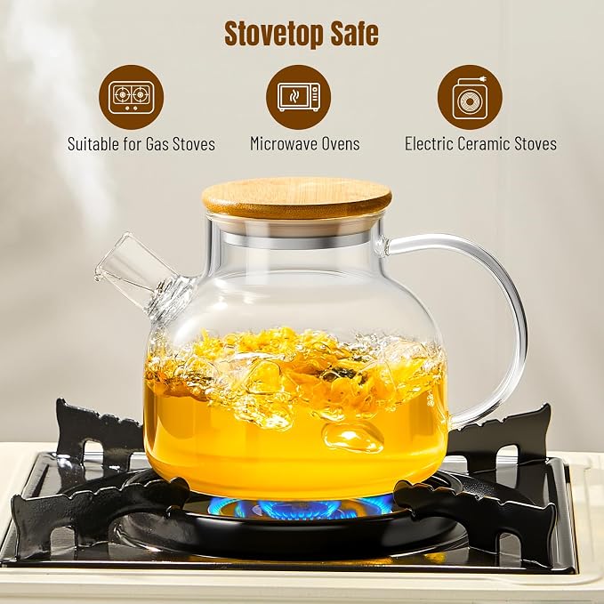 PARACITY Glass Teapot Stovetop 20 OZ/600ml, Borosilicate Clear Tea Kettle with Bamboo Lid, Glass Tea pot with Removable Filter Spout, Teapot Blooming and Loose Leaf Tea Maker Tea Brewer for Camping