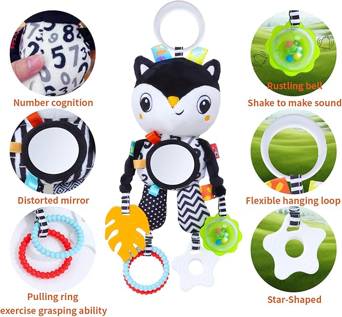 High Contrast Baby Toys,Black and White Hanging Toys,Animal Plush Hanging Toy,Car Seat Stroller Toys Gift for Newborn Boys and Girls 0 3 6 9 12 Months