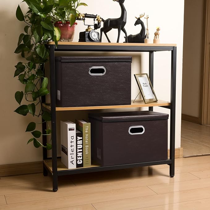Large Stackable Storage Boxes with Lids [5-Pack] Leather Fabric Foldable Storage Bins Organizer Containers Baskets Cubes with Cover for Bedroom Closet Office Nursery Brown(17.7x11.8x11.8)