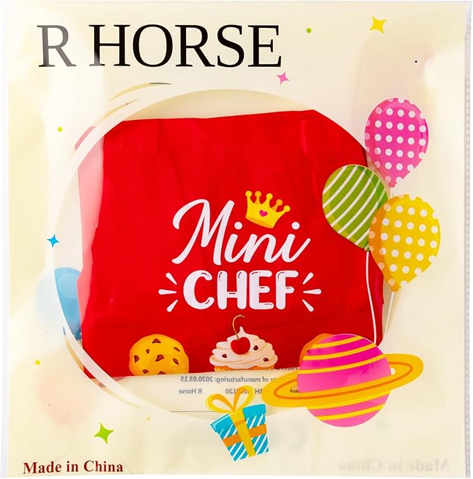 R HORSE Kid Apron and Chef Hat Set - 2Pcs Red Mini Chef Adjustable Children Kitchen Toddler Apron for Girls Boys, Funny Dress up Pretend Play Toy Birthday Gift for Kids Cooking Baking Painting