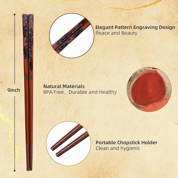 Wooden Chopsticks Set, Dragon Design, Hand-Carved, 2 Pairs | Non-slip grip & 9 inch; reusable tableware; for sushi, ramen, BBQ; great gifts for men, wedding, housewarming & holidays