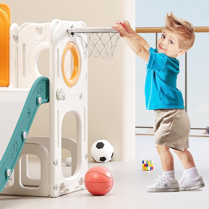 MOCUTEEN 8 in 1 Toddler Slide,Baby Playset for Indoor Outdoor Playground with Basketball Hoop,Storage and Telescope,Climbing Toys for Toddler Playground Playset