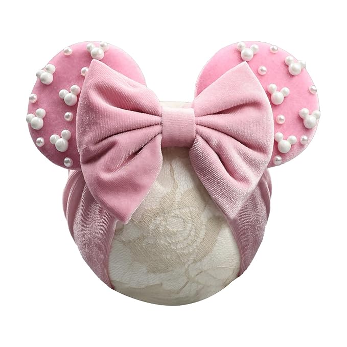 JIAHANG Baby Girl Pink Velvet Mouse Ears Turban Headband with Pearls, Beaded Velvet Hair Bow Hairband for Infants Toddlers Kids
