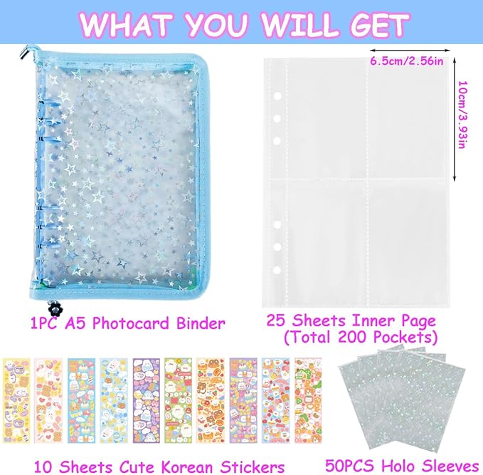 Kpop Photocard Binder with 6 Stickers Sheet & 50 Shinning Protective Sleeves Kpop Photocard Holder Book with Kpop Photocard, A5 Binder Photocard Album 30 Inner Pages with 240 Pockets (Skyblue)