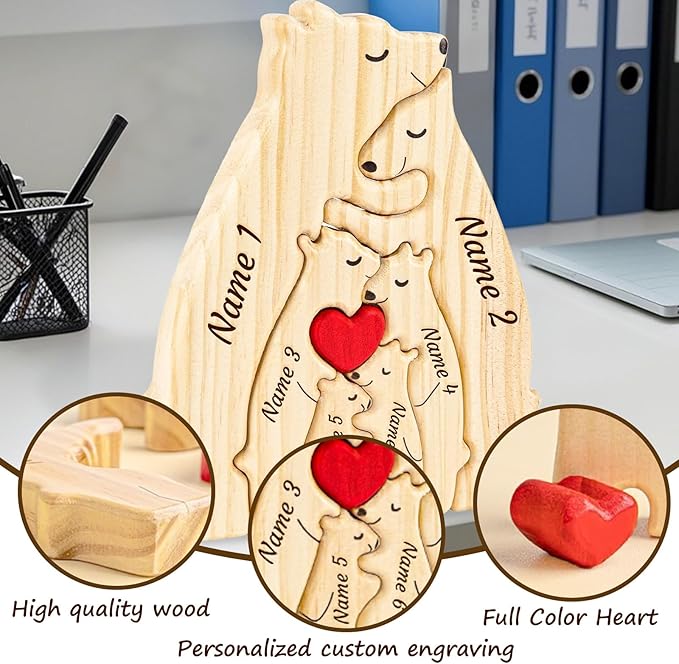 Personalized Wooden Name Puzzle Hugging Bears Family Puzzle with Names Fathers Day Home Decor Custom Mom/Dad/Family Members, Bear DecorBirthday Present (Mother and Child Bear)