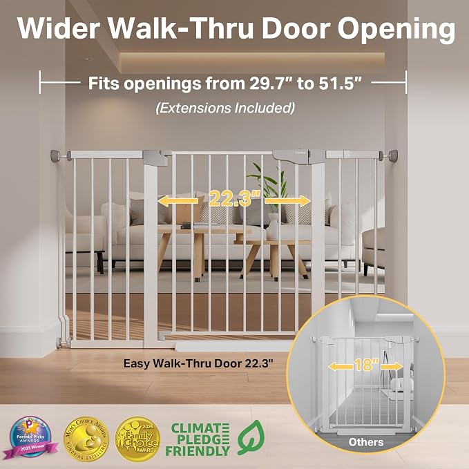 Cumbor 29.7–51.5" Extra Wide Baby Gate for Stairs, Pressure-Mounted Dog Gates for Doorways & Hallways, Auto-Close Walk-Through, No-Trip Design, Child Proof Safety, Dog/Pet Gate for Indoor Use, Silver