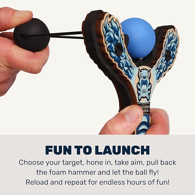 Mischief Maker® Wooden Slingshot - Lil’ Monster Series - Real Wood Slingshot for Kids, 4 Soft Foam Balls and Storage Bag - Ages 4+ (Blue)