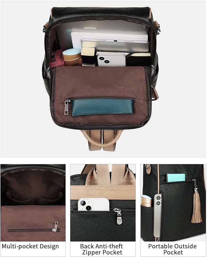 FADEON Leather Backpack Purse for Women Designer Travel Backpack Purses PU Fashion Ladies Shoulder Bag with Tassel