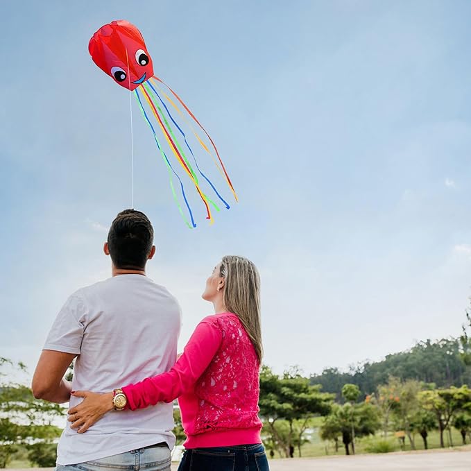 2-Pack New Upgraded Smiley Large Octopus Kites, Easy to Fly Long Colorful Tail Kites for Kids Adults Outdoor Activities Beach Park Trip, Great Gift for Children Childhood Precious Memories