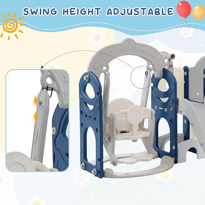 7-in-1 Kids Slide and Swing Set for Age 1-5 with Basketball Hoop Climbing Frame and Telescope,Indoor and Outdoor Playground Birthday Gifts for Boys Girls Grey+Blue