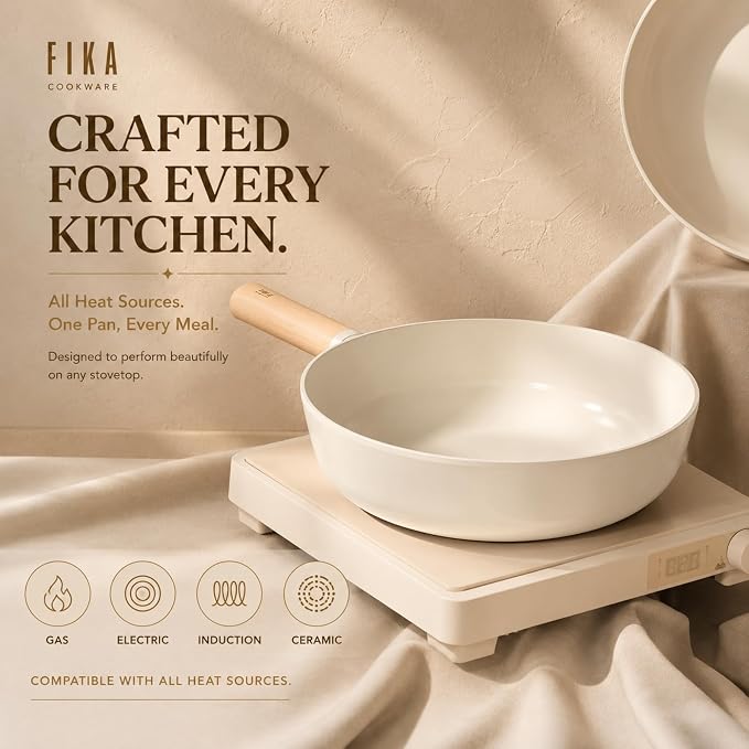 FIKA 10-Inch Nonstick Ceramic Coated Flat Bottom Wok Pan with Natural Wooden Handle, Induction Compatible, Deep Stir Fry Cooking Pan, Made in Korea (26cm)