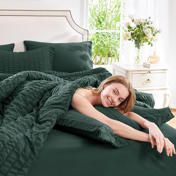 CozyLux Full Size Comforter Sets with Sheets 7 Pieces, Forest Green Seersucker Bed in a Bag Textured Luxury Soft Bedding Set with Down Alternative Comforter, Sheets, Pillowcases & Shams for All Season