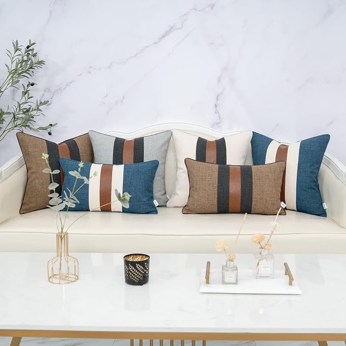 Patchwork Pillow Cover 12x20 Inch Luxury Cotton and Linen Cushion Cover Rectangle Pillowcover for Couch Bedroom Living Room, Blue
