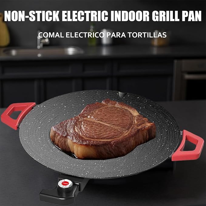 Non-Stick Electric Indoor Grill Pan - 1300w Portable Electric Korean Bbq Grill, Multifunctional Nonstick Smokeless Round Griddlewith Temperature Control,Include Oil Brush,Food Tongs
