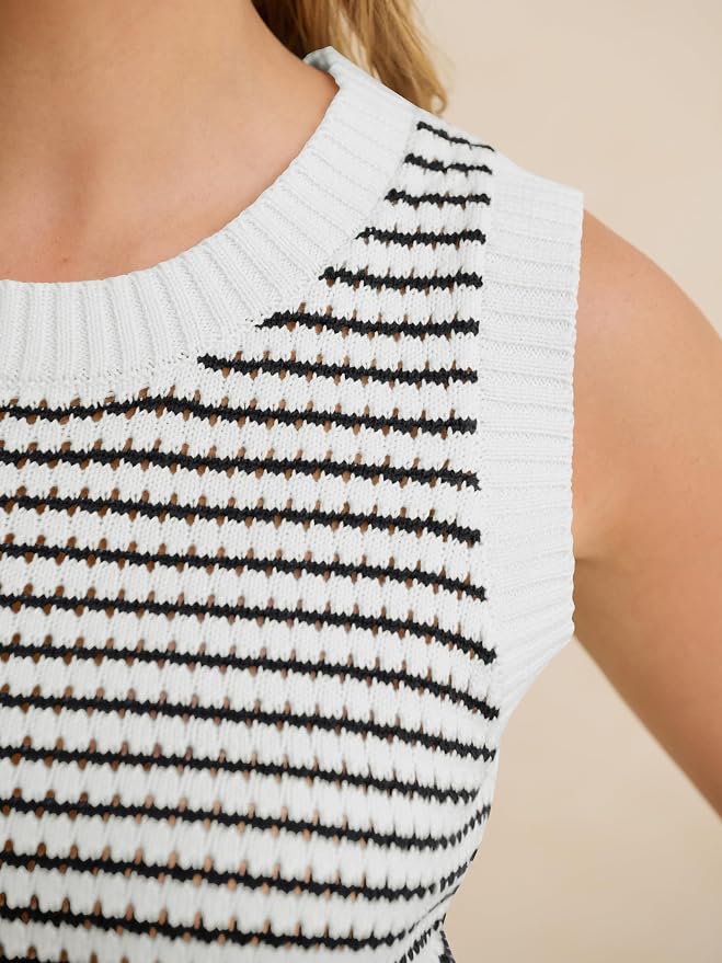 ANRABESS Womens Sleeveless Sweater Vest Striped Tank Tops | Crochet Knit Crew Neck, Lightweight Soft Comfy, Vacation Travel Work Casual Outfits, Sping Summer Layering Clothes