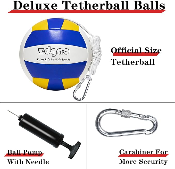 Tetherball Ball and Rope, Replacement Tether Ball with Carabiner, Ball Pump with Needle for Kids and Adults Backyard Game