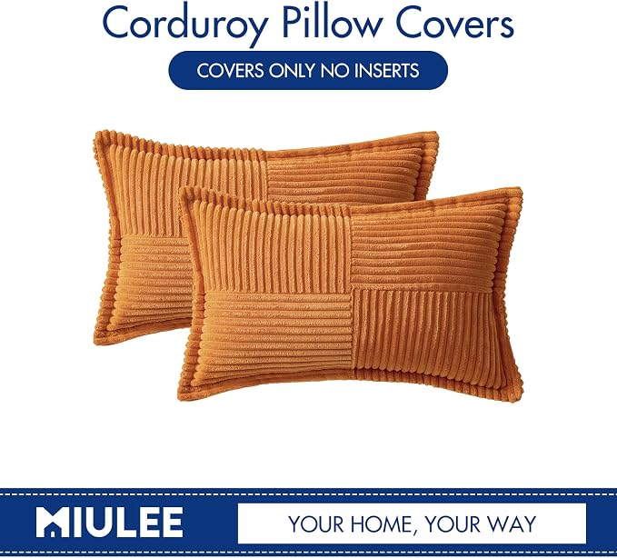 MIULEE Fall Burnt Decorative Lumbar Throw Pillow Covers 12x20 Inch | 2 Pack, Boho Broadside Striped Patchwork Pillow Covers, Soft Corduroy Cushion Cases, For Couch Sofa Bed Livingroom Home Decor