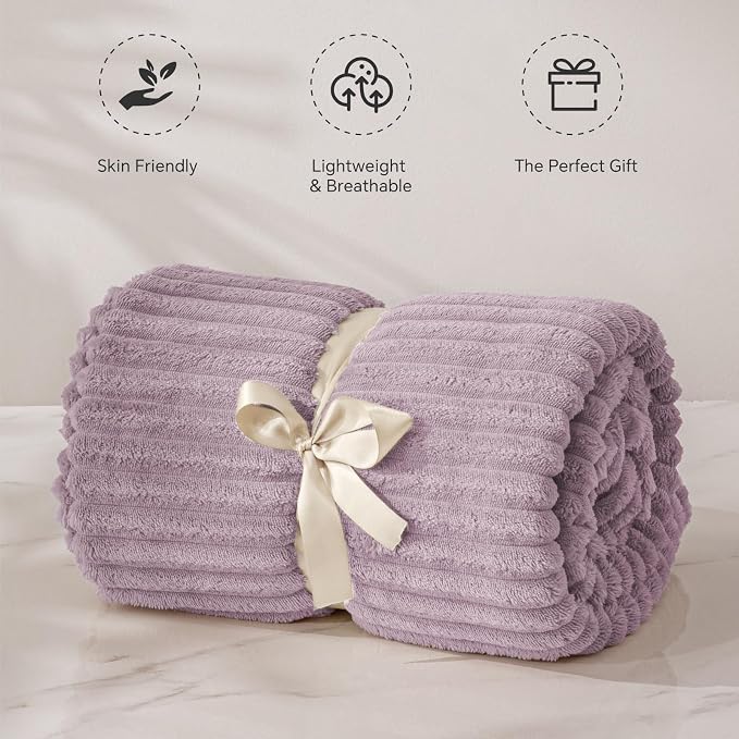 BEDELITE 3D Ribbed Dusky Violet Fleece Twin Blanket for Bed, 60x80 Inch | Soft Warm Decorative Fluffy Blanket, Cozy Plush Lightweight Fuzzy Throw Blanket for Couch Sofa Room Decor, Gift for Women