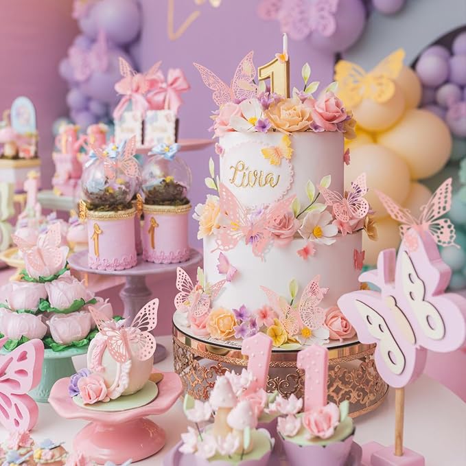 SAOROPEB 3D Butterfly Wall Decor 48 Pcs Pink Butterfly Decorations | 4 Styles 3 Sizes, Birthday Decorations Pink Room Decor Butterfly Party Decorations Cake Decorations, Removable Wall Stickers