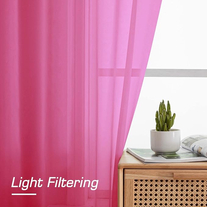 OWENIE Sheer Hot Pink Curtains for Bedroom Living Room 63 Inch Length 2 Panels Set, Modern Soft Solid Light Filtering Sheer Curtains for Dining Room, Rod Pocket Window Treatments, Hot Pink, 42"Wx63"L