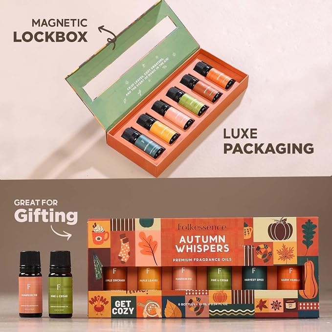 Folkulture Autumn Essential Oils For Diffusers for Home |Fall Essential Oil Set of 6 for Aromatherapy, Relaxation | Pumpkin Spice,Fall Leaves,Vanilla Fragrance Oils for Candle, Soap Making Fall Scents