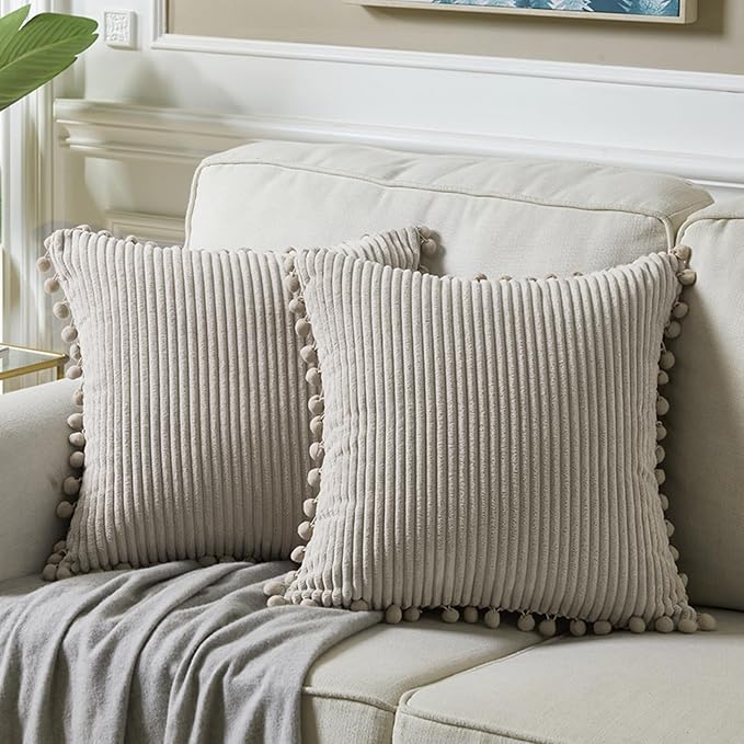 Fancy Homi Set of 2 Neutral Taupe Decorative Throw Pillow Covers 12x12 Inch with Pom-poms for Couch Bed Sofa, Modern Farmhouse Boho Home Decor, Soft Plush Corduroy Cute Cushion Case 30x30 cm