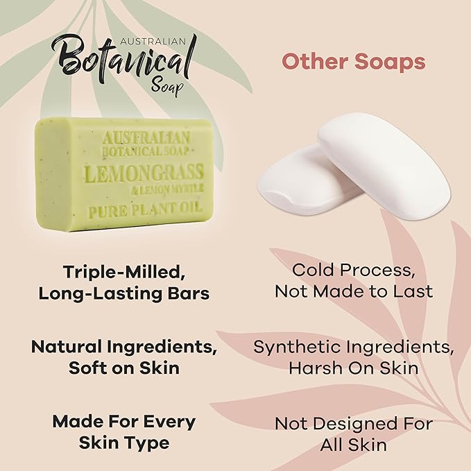 Australian Botanical Soap Lemongrass & Lemon Myrtle – Triple Milled 6.6 oz Bar Soap with Shea Butter, Face Hand & Body Soap Bars, Pack of 4