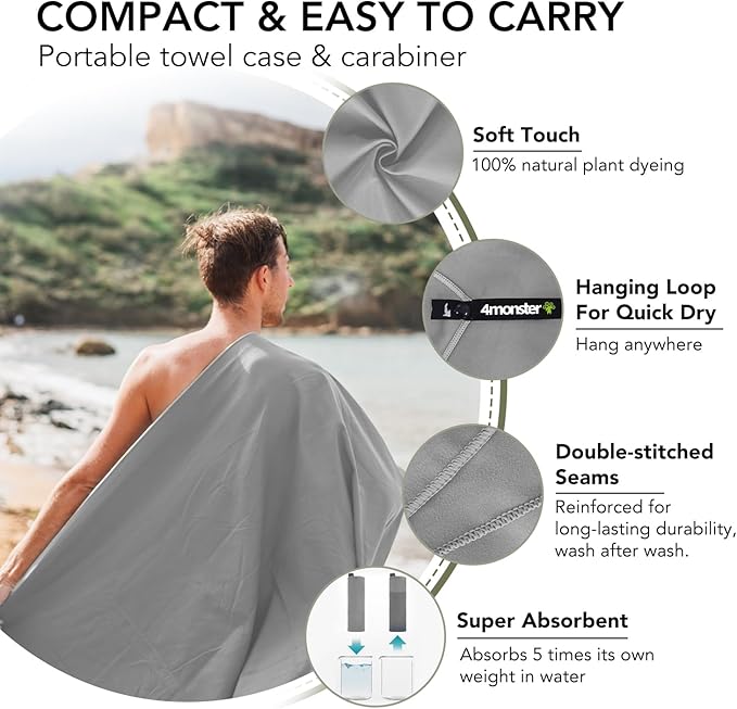 4Monster Quick Dry Travel Towel with Case & Carabiner – Super Absorbent Microfiber Gym & Camping Towel. Compact, Lightweight, Fast Drying for Beach, Swimming, Hiking, Backpacking