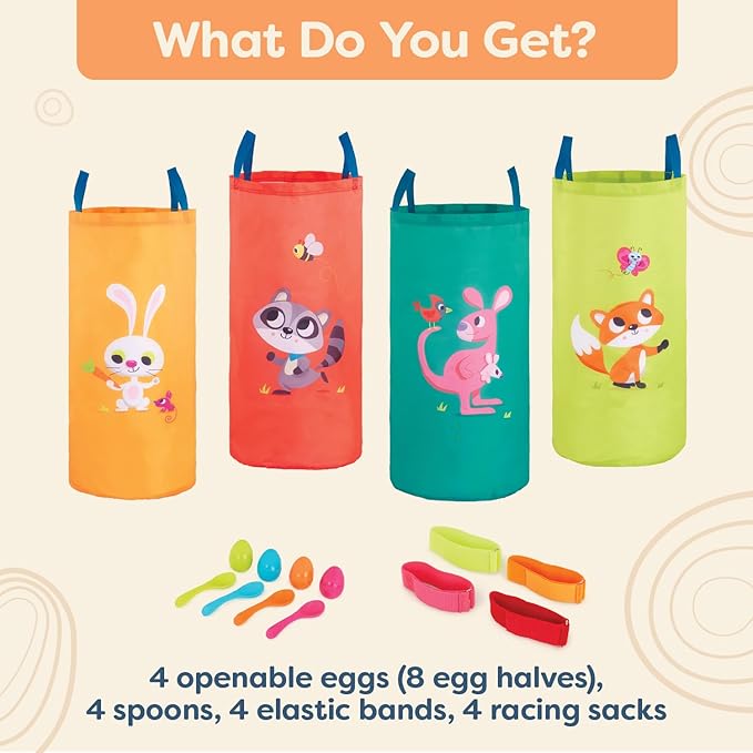 B. toys – 3 Outdoor Games for Kids – Racing Sacks & 3 – Legged Race Bands – Egg – and – Spoon Game – Birthday Party Games – 5 Years + – Outdoor Games Galore