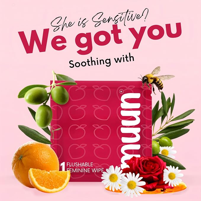 Muun Feminine Wipes Flushable - 50 Counts Individual Vaginal Wipes Ph Balance, Anti Itch Deodorant Hygiene Wrapped Personal Cleansing, Wet Wipes for Intimate, Butt