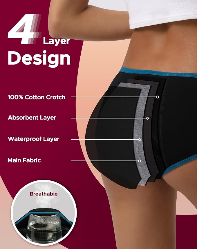 INNERSY Period Underwear for Women Teens Leak-Proof Menstrual Cotton Protective Hipster Panties 3-Pack
