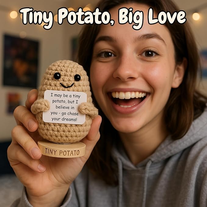Tiny Potato - Handmade Positive Crochet Doll with 30 Uplifting Cards - Friendship Gifts for Women for Birthday, New Job, Cheer Up Emotional Support - Gift for Best Friend, Bestie, Coworkers, BFF