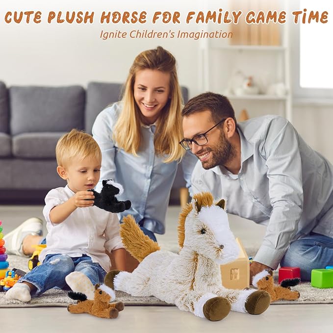 Tezituor 4Pcs Horse Stuffed Animal Set, 21inches Large Stuffed Mommy Horse with 4 Baby Pony Toys, Brown Stuffed Pony Plush Pillow for Boys Girls