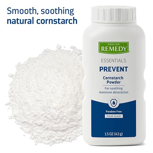 Medline Remedy Essentials Cornstarch Powder (1.5 oz Bottle), Fresh Scent, Talc Free, Travel Size, Skin Care, Absorbs Sweat, Soothes, Reduces Friction & Chafing, for Adults, Feet, Groin
