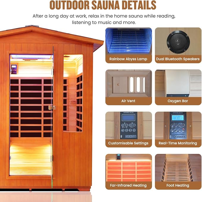 OUTEXER Outdoor 4 Person Sauna Far Infrared Saunas Dry Sauna Room Red Cedar and Canadian Hemlock Wood Wooden Sauna Spa 2600W 240V with 7 Color Light 62.2 * 46.8 * 81.9 inches