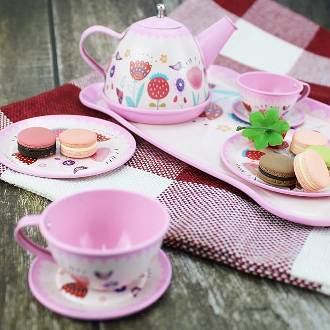 Pink Tea Set for Little Girls,Flower Design Tea Party Set,Princess Tea Time Toys Teapot Dishes Kitchen Pretend Play Tin Tea Party Set for Girls