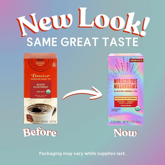 Teeccino Reishi Eleuthero Tea - French Roast - 25 TeaBags - Organic Mushroom Adaptogenic Herbal Tea, 3x More Herbs than Regular Tea Bags, Caffeine Free, Chicory Prebiotic